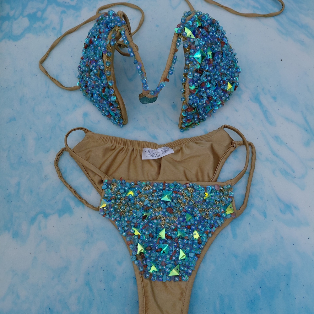 RIO BEADED Elegant Blue and Tan Bikini Set